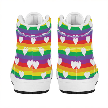 White Heart On LGBT Pride Striped Print High Top Leather Sneakers