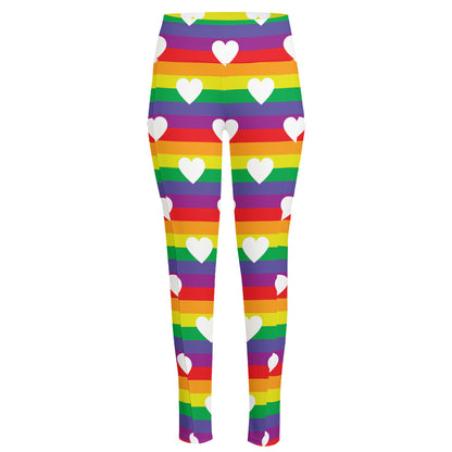 White Heart On LGBT Pride Striped Print High-Waisted Pocket Leggings