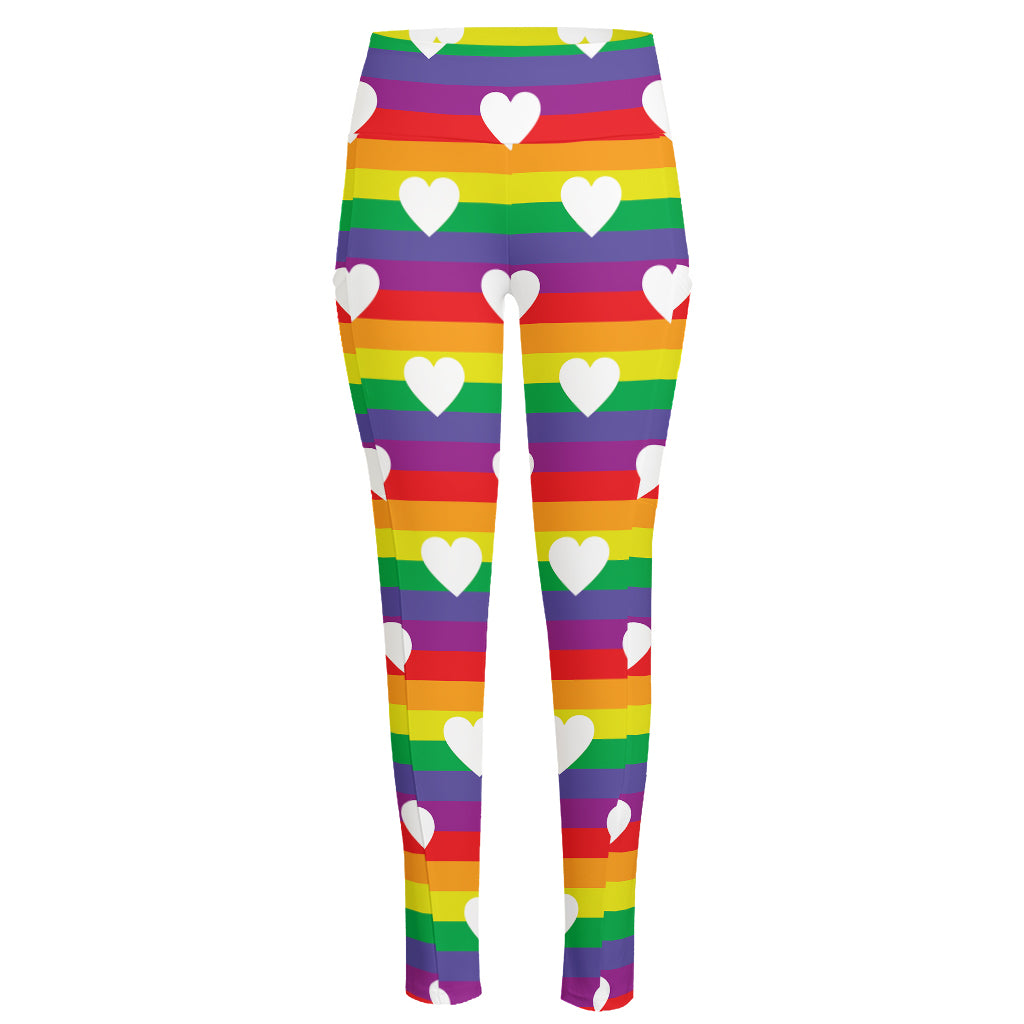 White Heart On LGBT Pride Striped Print High-Waisted Pocket Leggings