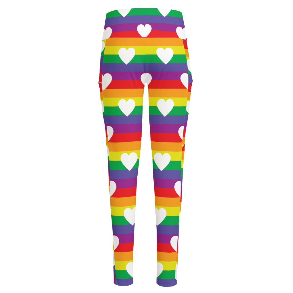 White Heart On LGBT Pride Striped Print High-Waisted Pocket Leggings