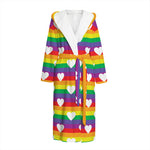 White Heart On LGBT Pride Striped Print Hooded Bathrobe