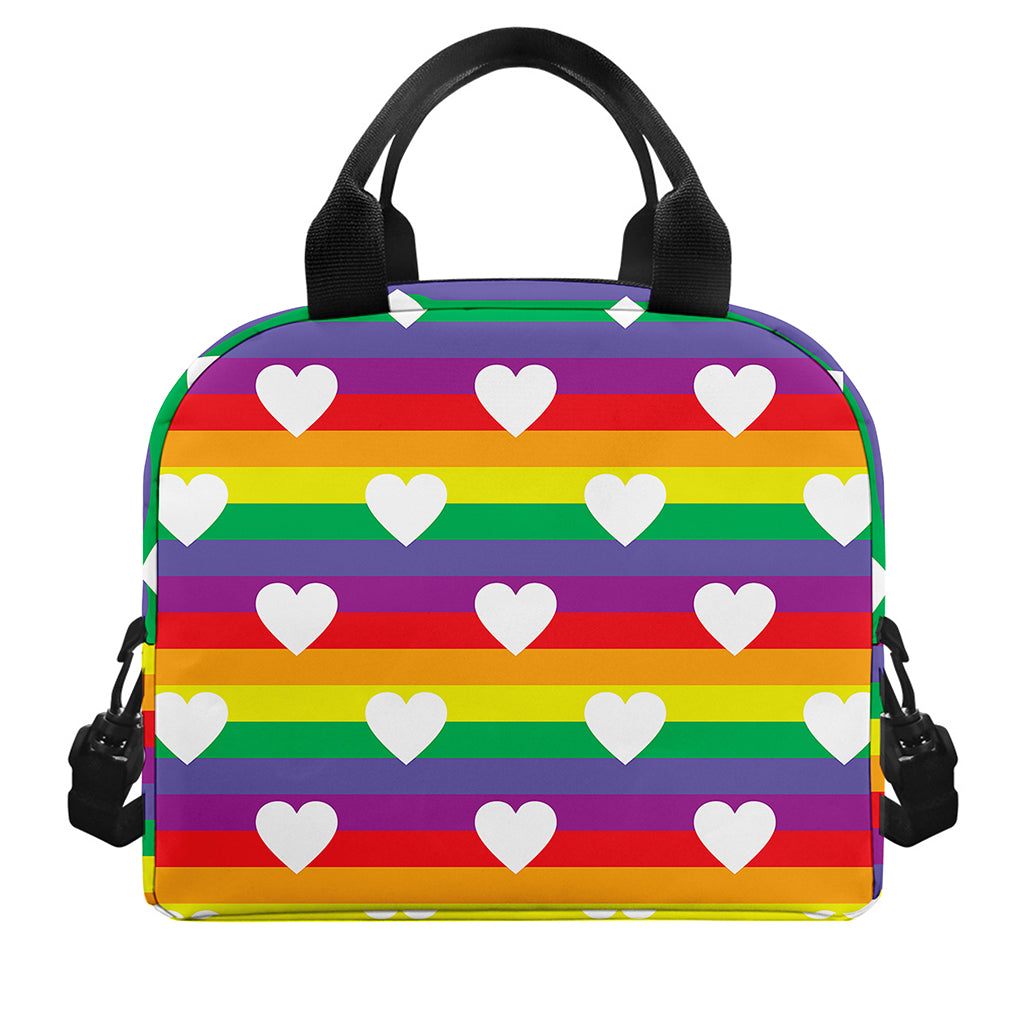 White Heart On LGBT Pride Striped Print Insulated Lunch Bag