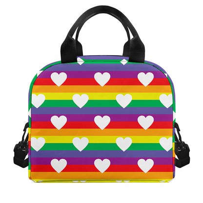 White Heart On LGBT Pride Striped Print Insulated Lunch Bag