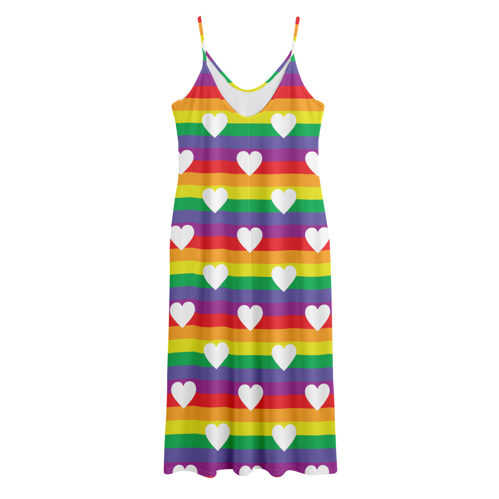 White Heart On LGBT Pride Striped Print Jersey Midi Cami Dress