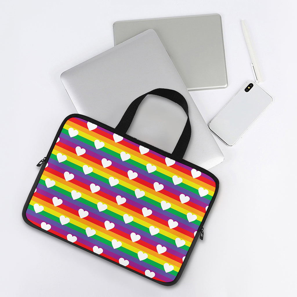 White Heart On LGBT Pride Striped Print Laptop Sleeve With Handle