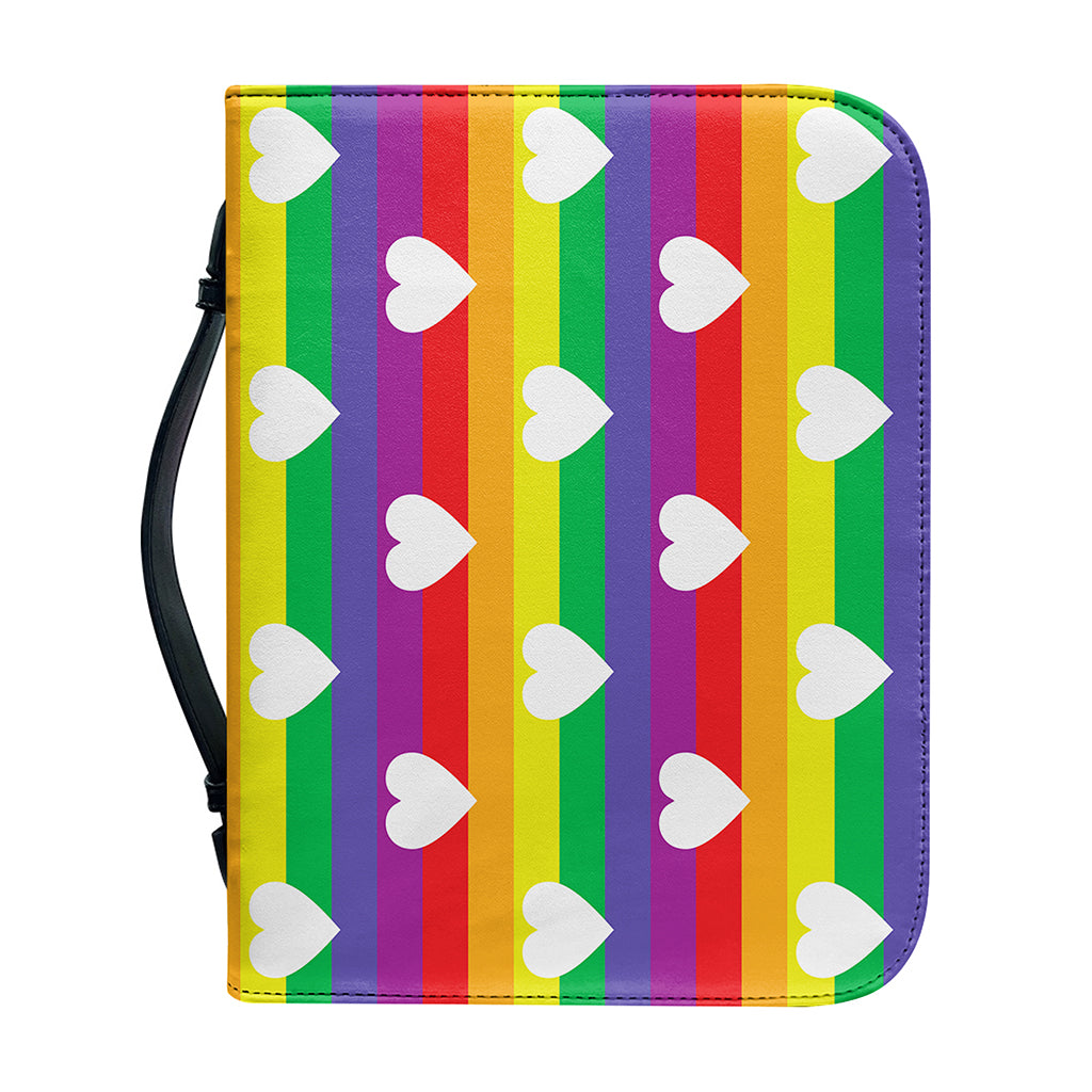 White Heart On LGBT Pride Striped Print Leather Bible Cover