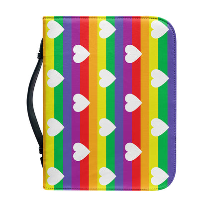 White Heart On LGBT Pride Striped Print Leather Bible Cover
