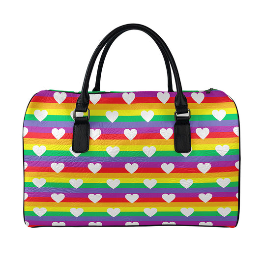 White Heart On LGBT Pride Striped Print Leather Duffle Bag