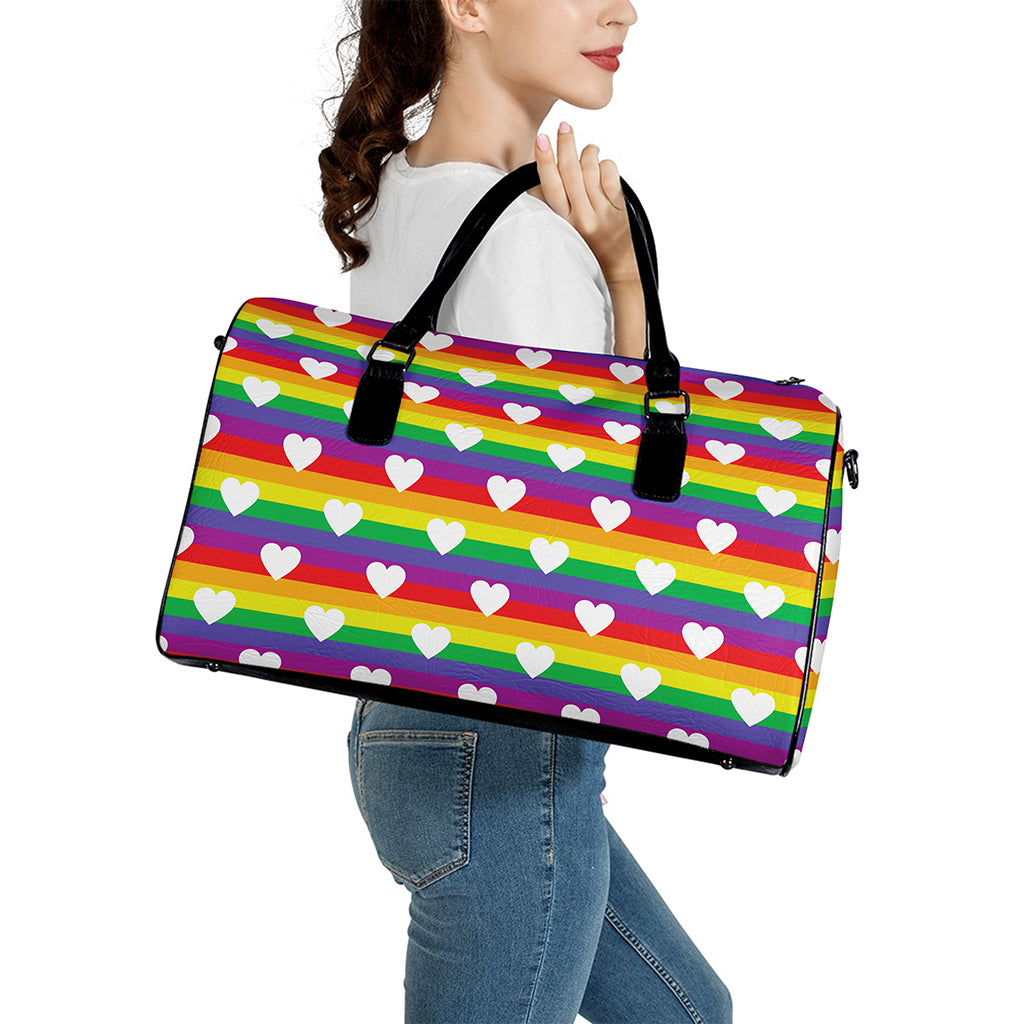 White Heart On LGBT Pride Striped Print Leather Duffle Bag