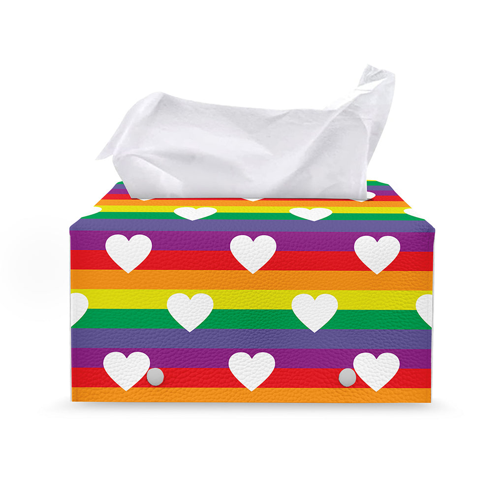 White Heart On LGBT Pride Striped Print Leather Tissue Box Cover