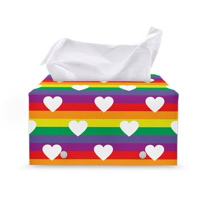 White Heart On LGBT Pride Striped Print Leather Tissue Box Cover
