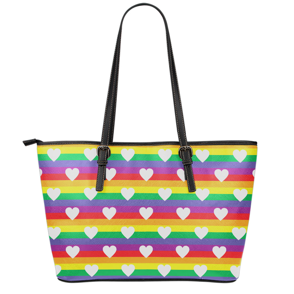 White Heart On LGBT Pride Striped Print Leather Tote Bag