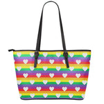 White Heart On LGBT Pride Striped Print Leather Tote Bag