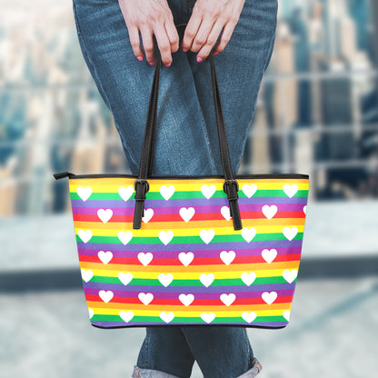 White Heart On LGBT Pride Striped Print Leather Tote Bag
