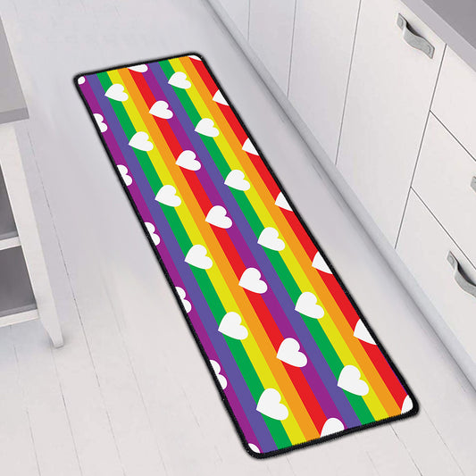 White Heart On LGBT Pride Striped Print Long Kitchen Mat