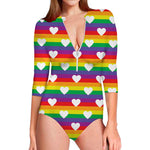 White Heart On LGBT Pride Striped Print Long Sleeve Swimsuit