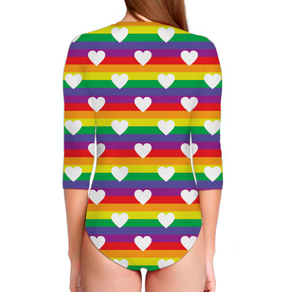 White Heart On LGBT Pride Striped Print Long Sleeve Swimsuit