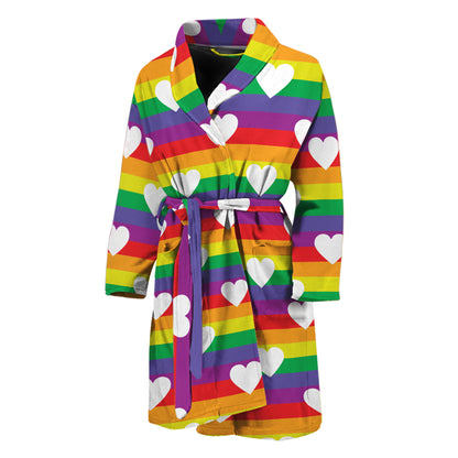 White Heart On LGBT Pride Striped Print Men's Bathrobe