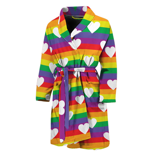 White Heart On LGBT Pride Striped Print Men's Bathrobe
