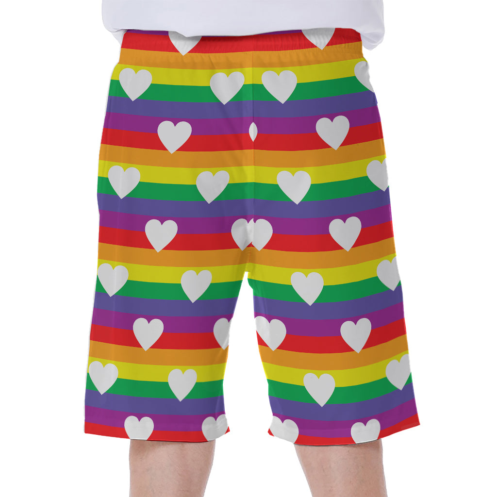 White Heart On LGBT Pride Striped Print Men's Beach Shorts