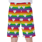 White Heart On LGBT Pride Striped Print Men's Beach Shorts