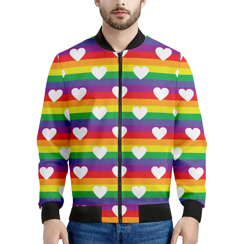 White Heart On LGBT Pride Striped Print Men's Bomber Jacket