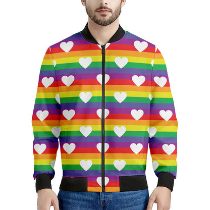 White Heart On LGBT Pride Striped Print Men's Bomber Jacket