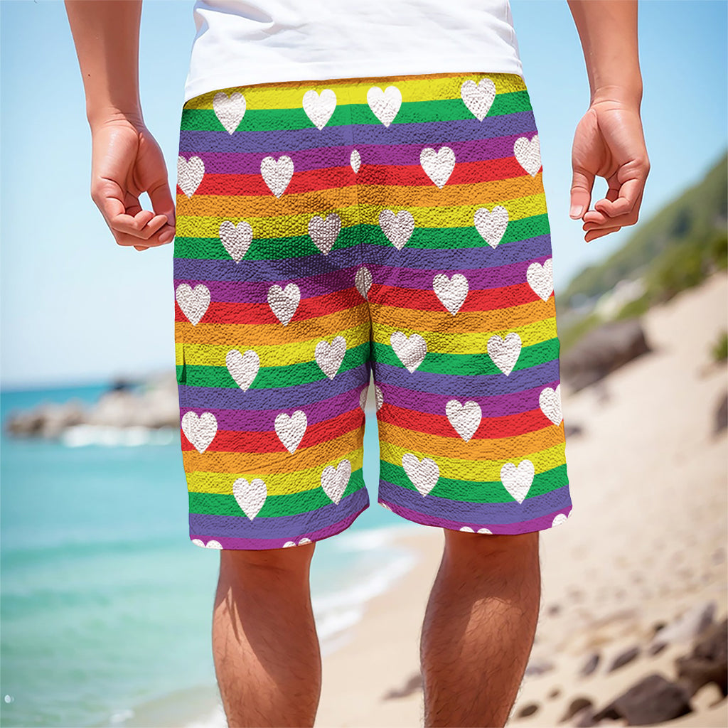 White Heart On LGBT Pride Striped Print Men's Cargo Shorts