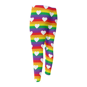 White Heart On LGBT Pride Striped Print Men's Compression Pants