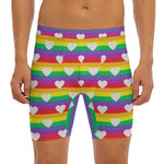 White Heart On LGBT Pride Striped Print Men's Long Boxer Briefs