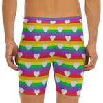 White Heart On LGBT Pride Striped Print Men's Long Boxer Briefs