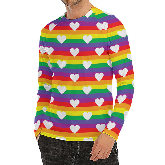 White Heart On LGBT Pride Striped Print Men's Long Sleeve Rash Guard