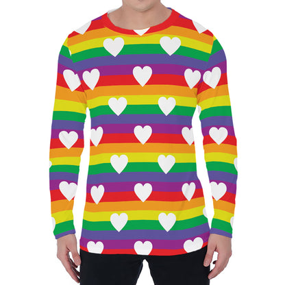 White Heart On LGBT Pride Striped Print Men's Long Sleeve T-Shirt