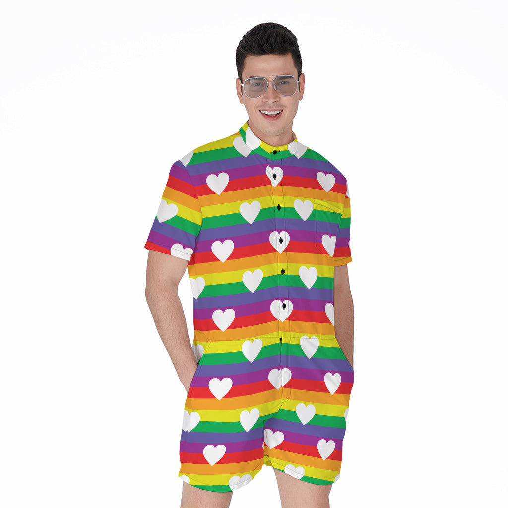 White Heart On LGBT Pride Striped Print Men's Rompers