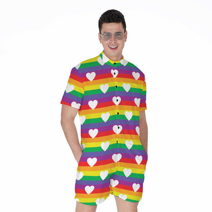 White Heart On LGBT Pride Striped Print Men's Rompers