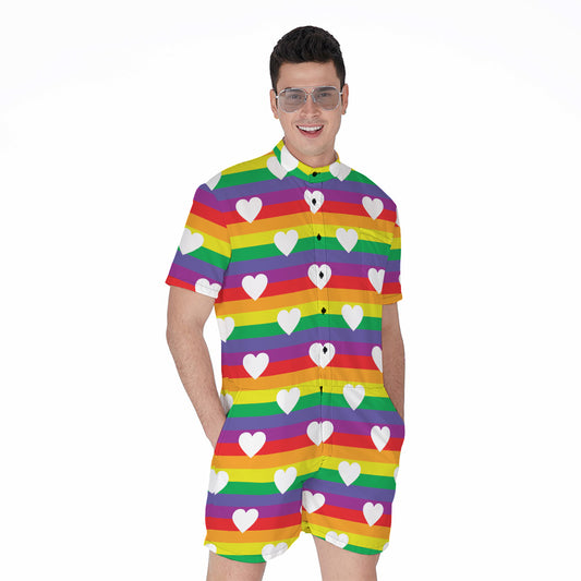 White Heart On LGBT Pride Striped Print Men's Rompers