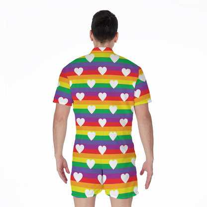 White Heart On LGBT Pride Striped Print Men's Rompers