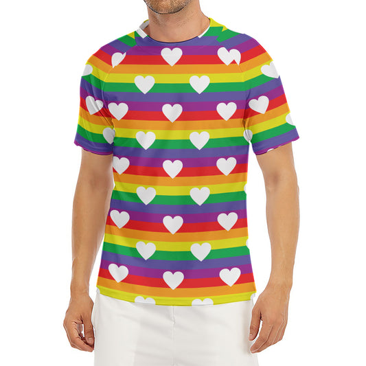 White Heart On LGBT Pride Striped Print Men's Short Sleeve Rash Guard