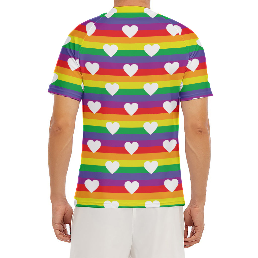 White Heart On LGBT Pride Striped Print Men's Short Sleeve Rash Guard
