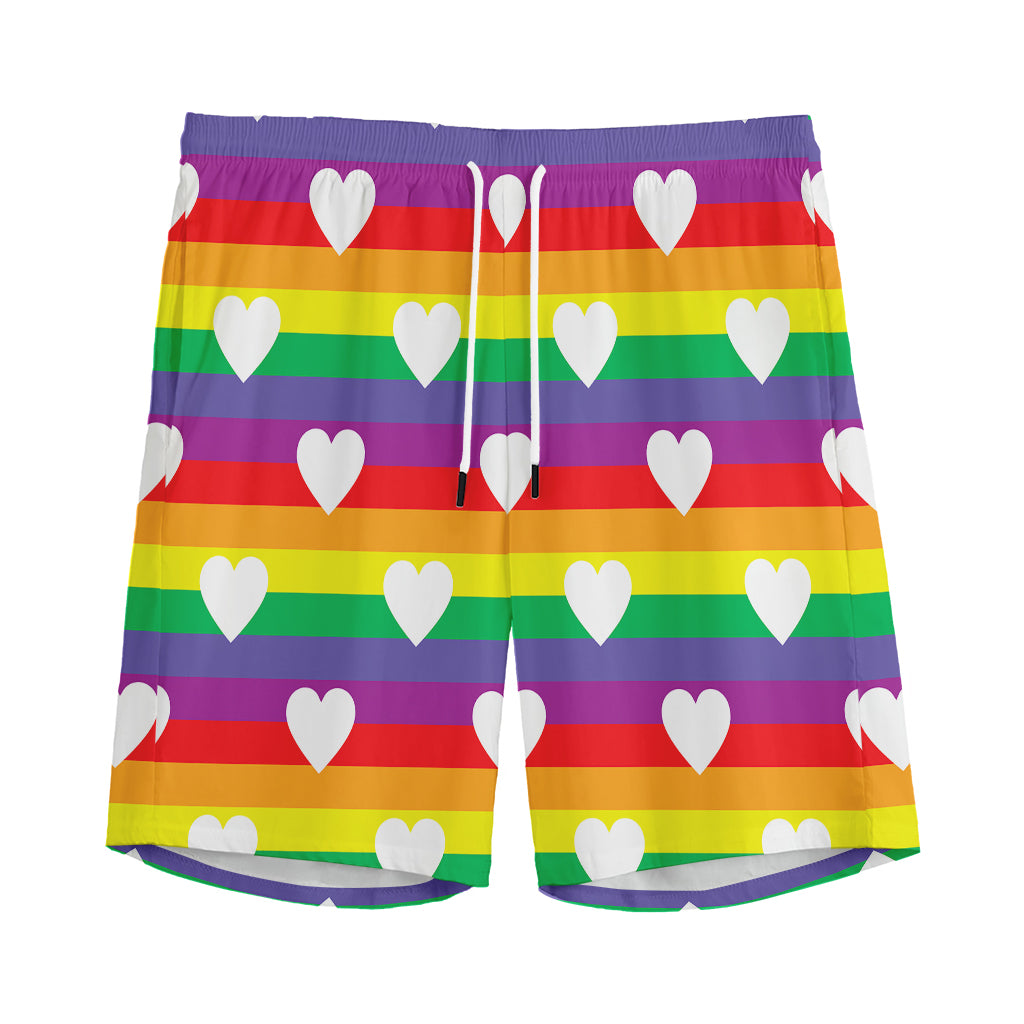 White Heart On LGBT Pride Striped Print Men's Sports Shorts