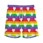 White Heart On LGBT Pride Striped Print Men's Sports Shorts
