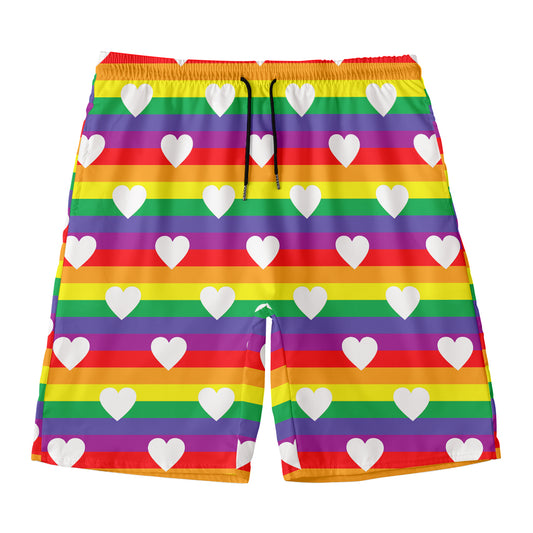 White Heart On LGBT Pride Striped Print Men's Swim Trunks
