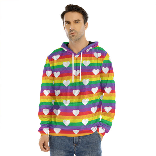 White Heart On LGBT Pride Striped Print Men's Velvet Pullover Hoodie