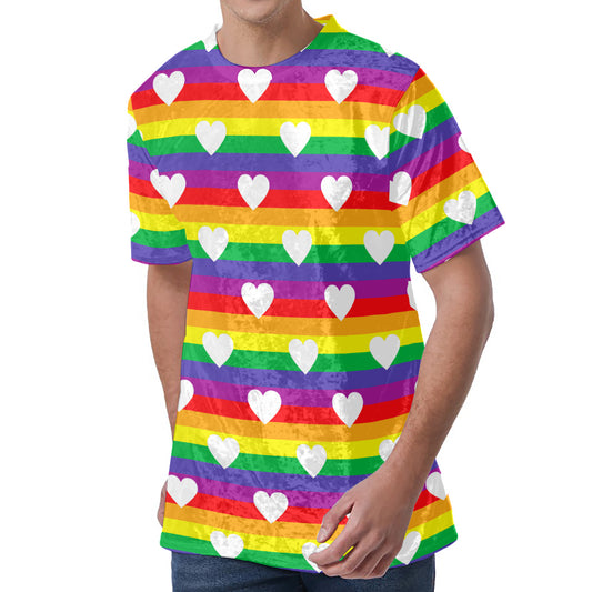 White Heart On LGBT Pride Striped Print Men's Velvet T-Shirt
