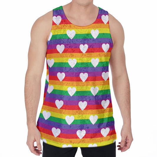 White Heart On LGBT Pride Striped Print Men's Velvet Tank Top
