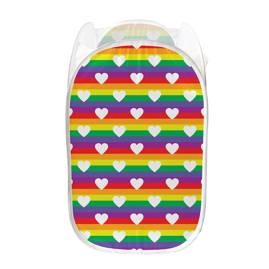White Heart On LGBT Pride Striped Print Mesh Laundry Hamper