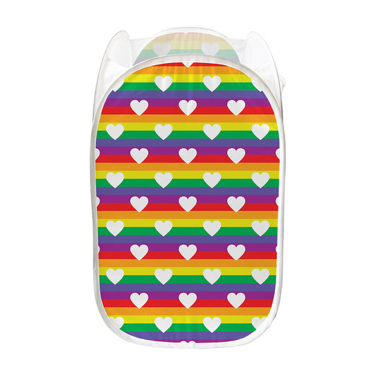 White Heart On LGBT Pride Striped Print Mesh Laundry Hamper