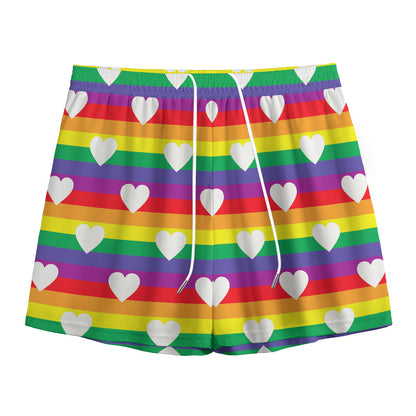 White Heart On LGBT Pride Striped Print Mesh Shorts