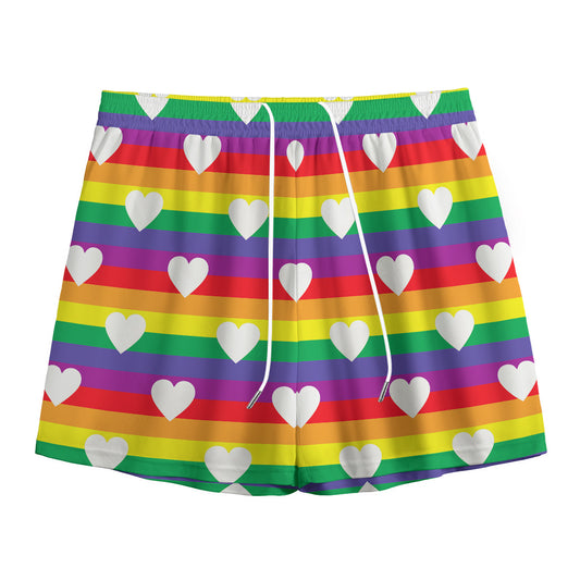 White Heart On LGBT Pride Striped Print Mesh Shorts