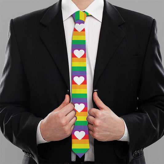 White Heart On LGBT Pride Striped Print Necktie